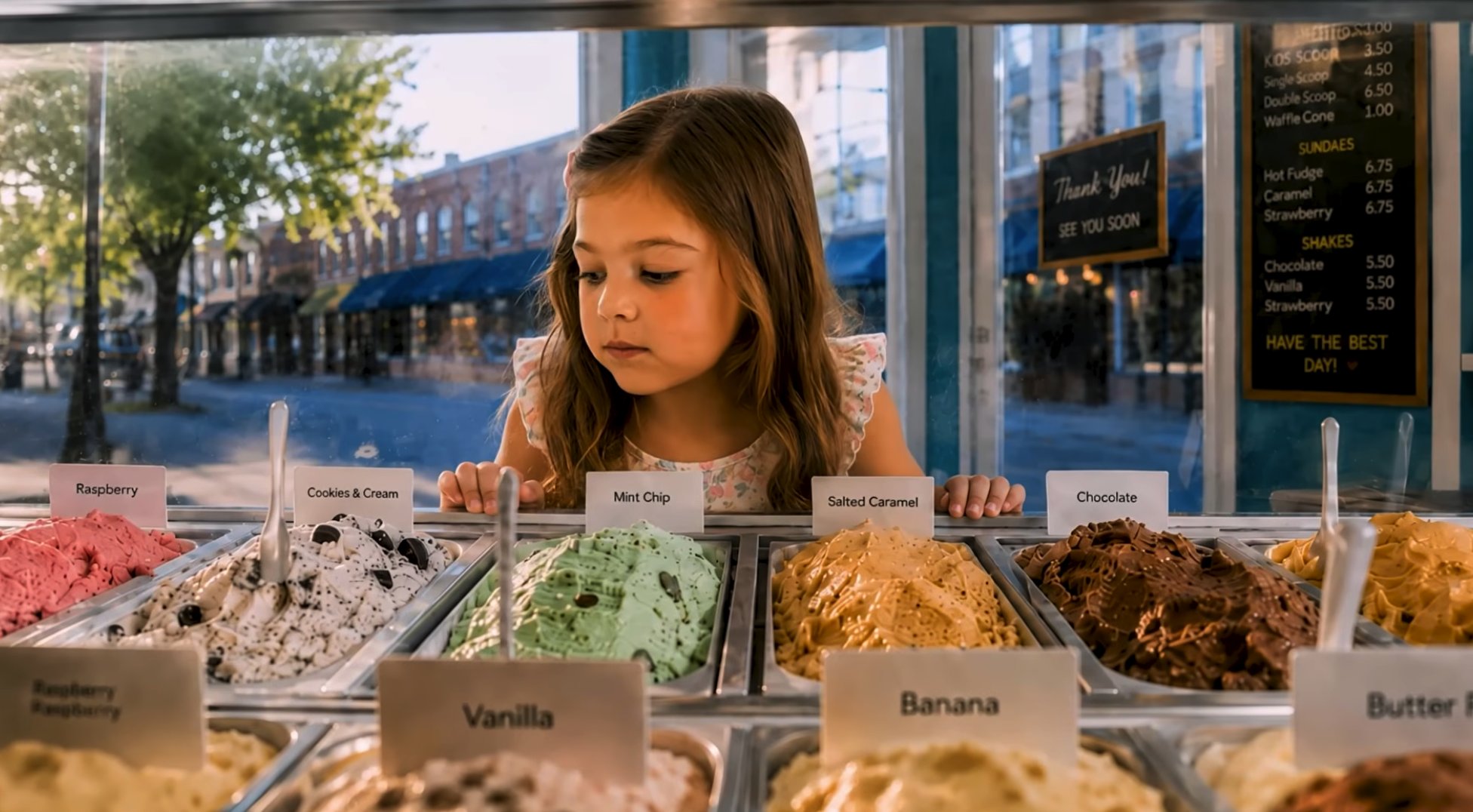AI video production: still from Try Before You Buy, a girl choosing ice cream