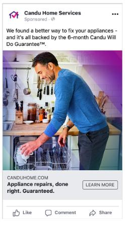 Candu Facebook ad: Appliance repairs, done right. Guaranteed.