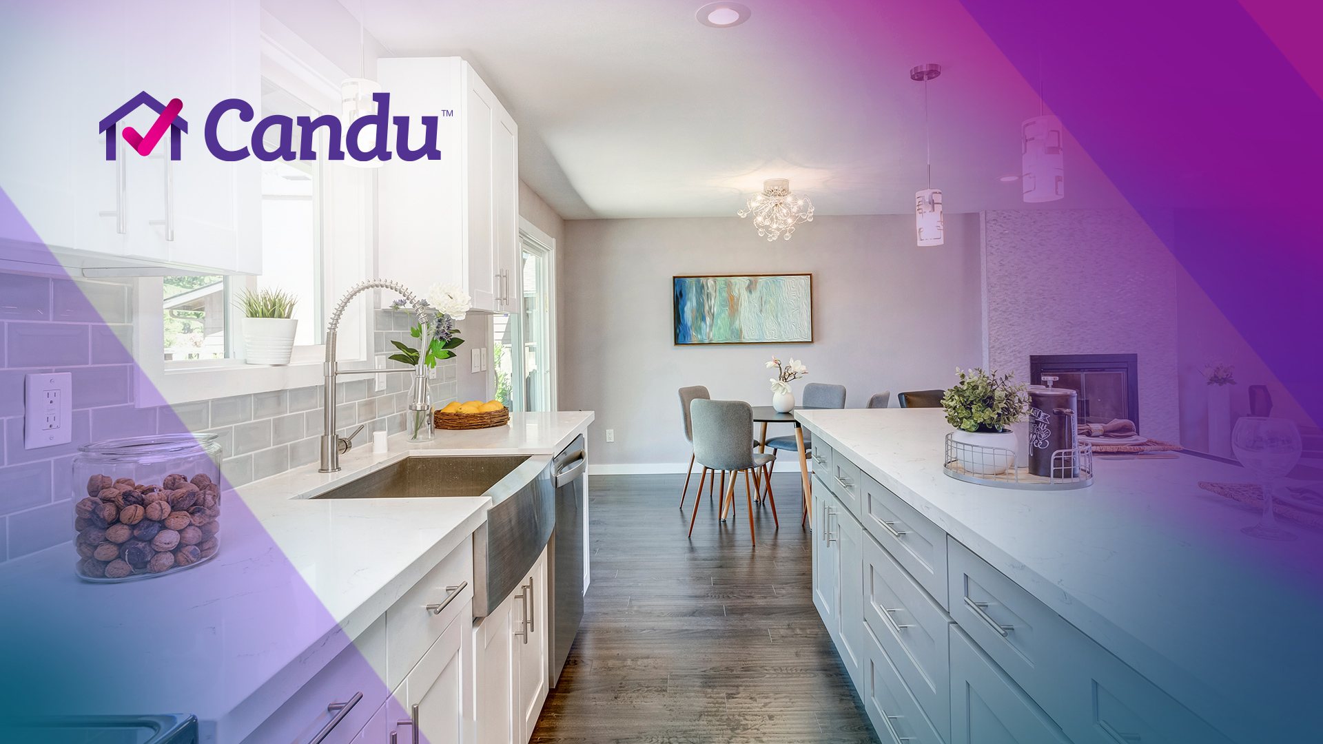 Candu brand launch: Candu logo over a bright kitchen with a purple gradient