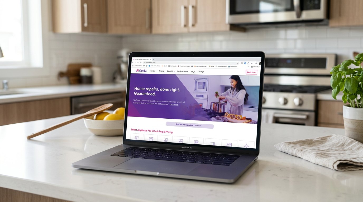 Candu website on a laptop: Home repairs, done right. Guaranteed.