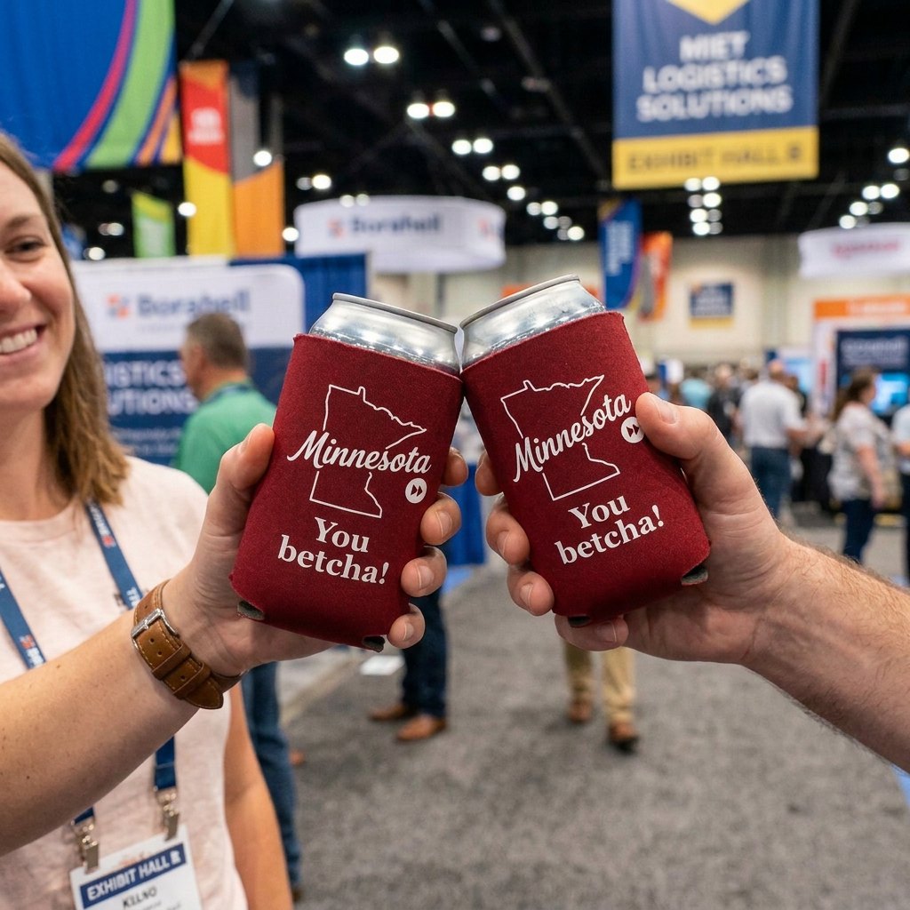 Two Minnesota You Betcha koozies raised in a toast at a trade show