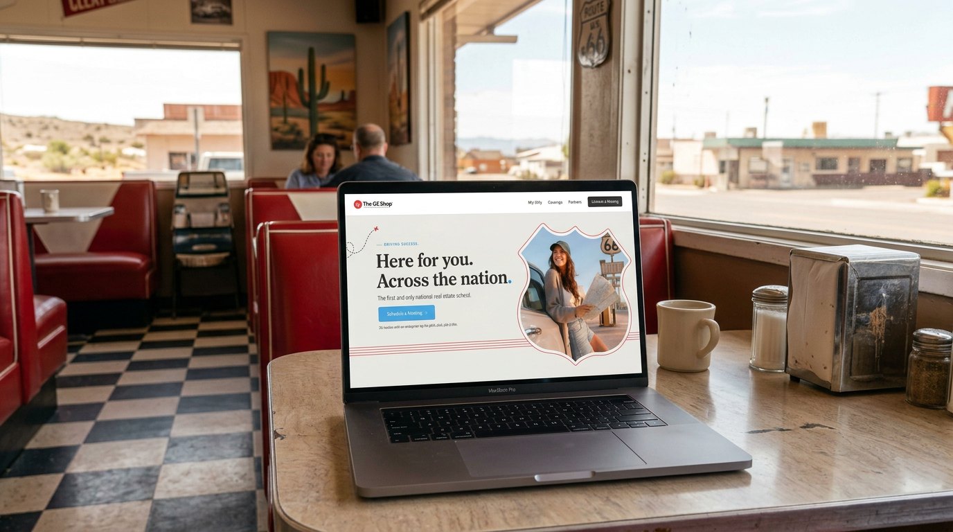 Campaign landing page on a laptop in a Route 66 diner