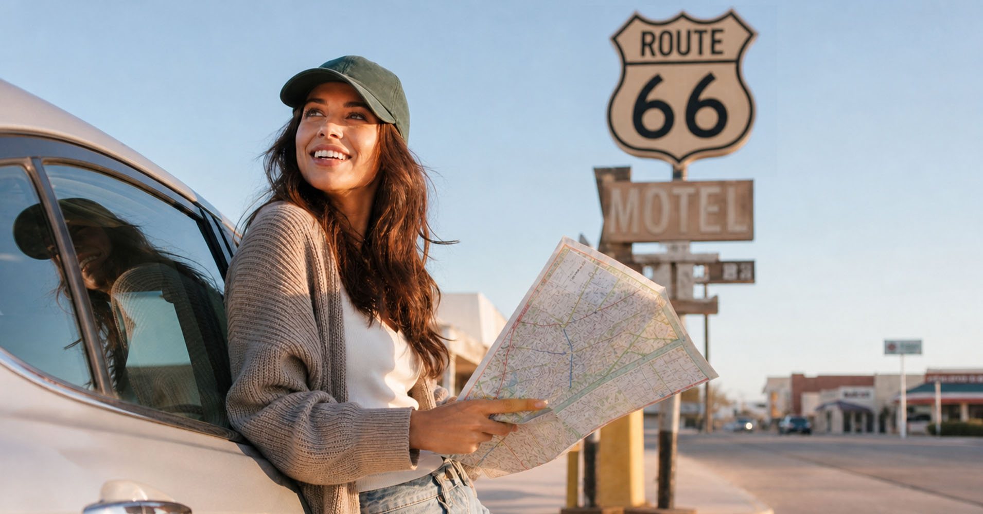 The CE Shop national campaign: woman with a road map beside a Route 66 motel sign