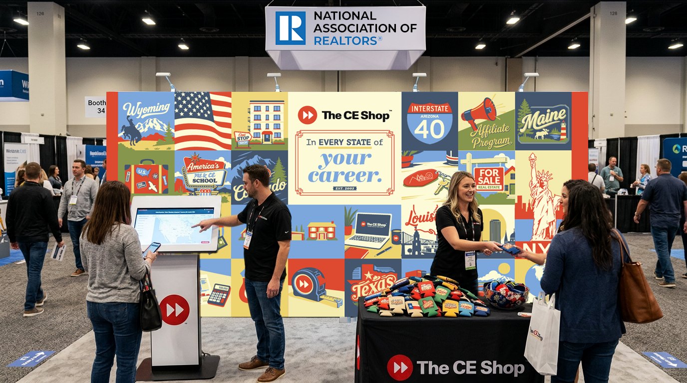The CE Shop booth at a National Association of Realtors show, with an every-state illustrated backwall, kiosk and koozie giveaways