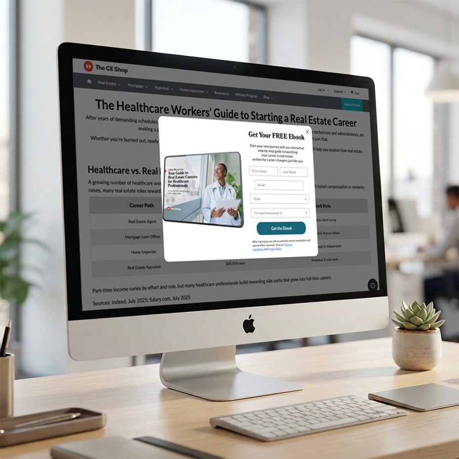 The CE Shop Healthcare Workers guide page with a Get Your FREE Ebook pop-up on a desktop computer