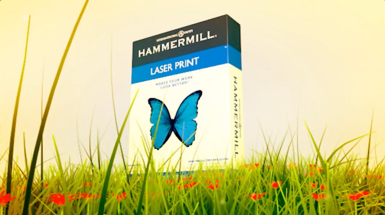 Hammermill Laser Print paper box standing in a field of grass